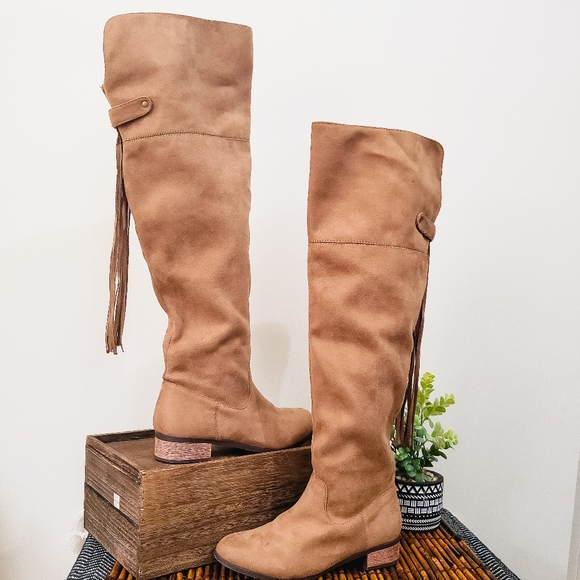 JustFab Shoes - JUSTFAB LULLA SUEDE HIGH BOOTS TAN 7 FRINGE BOHO